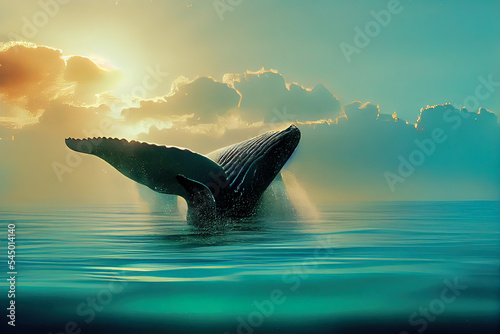 Scenic illustration of tail of a whale in tropical waters. Wild marine mammal breaching the water in the open sea. Blue whale splashing the water with power. A large animal in a seascape artwork.
