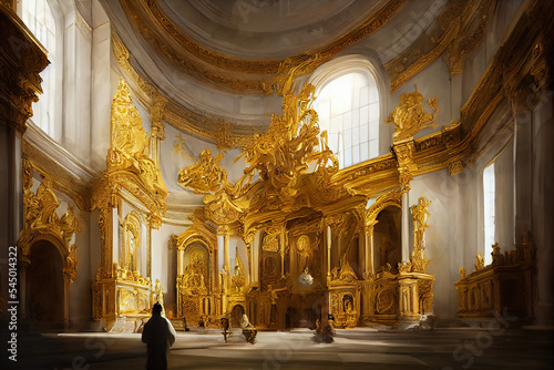 Obraz na plátně Interior of a Baroque church with golden decorations and white walls