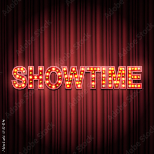 Shining retro sign Showtime banner on curtain. Vector illustration