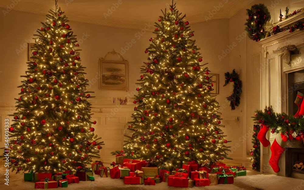 The Christmas tree stands tall and proud in the living room, its branches reaching towards the sky. It's adorned with shining lights and colorful baubles, a symbol of hope and happiness in this cold w