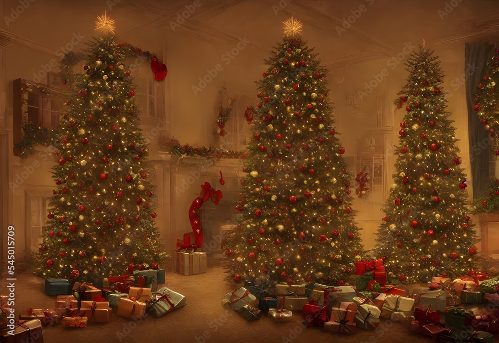 The room is filled with the soft light of Christmas, coming in through the windows and shining on the tree. The tree is standing tall and proud in the corner of the room, its branches reaching out to 