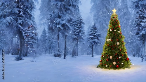 The Christmas tree is dusted with snow, standing tall and proud in the middle of the forest. Its branches are laden with sparkling decorations and twinkling lights, making it a sight to behold. The su