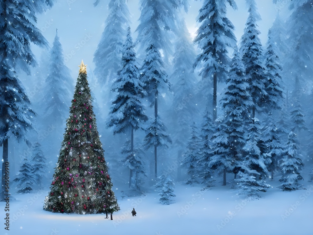 In the photo, there is a Christmas tree in the snow. The tree is surrounded by a forest.