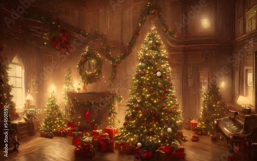 It's a beautiful Christmas tree, standing tall and proud in the living room of an antique house. It's adorned with shining lights and colorful decorations, and it smells like pine needles. © dreamyart