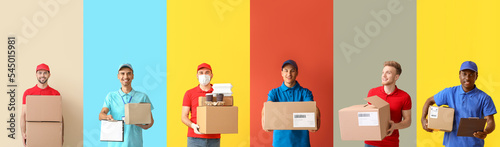 Set of delivery men on colo...