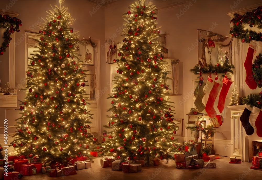 It's a beautiful Christmas tree inside an antique house. The tree is decorated with red and gold balls, and there are presents underneath it.