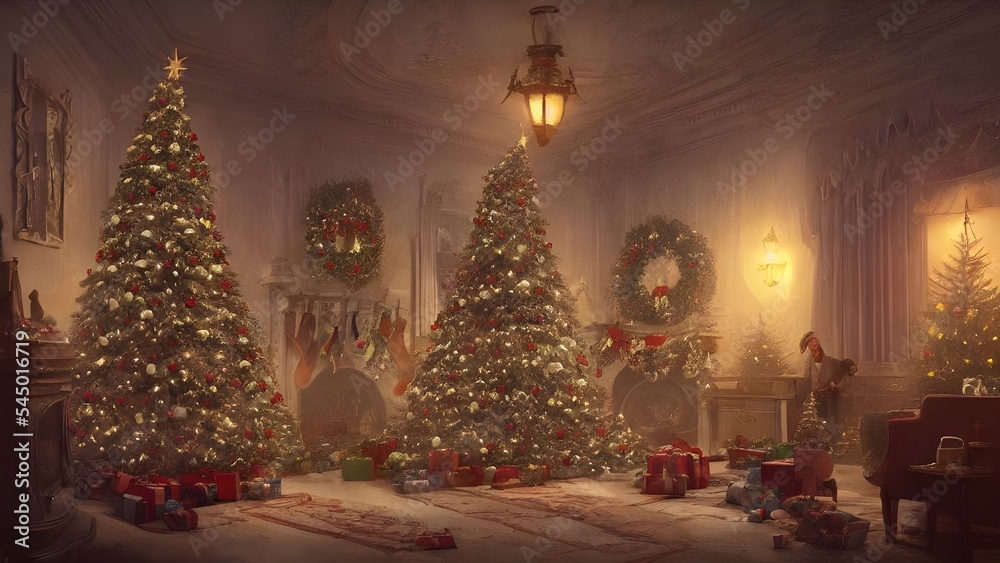 The Christmas tree is indoors in an antique house. It is a beautiful sight. The tree is decorated with lights and shining ornaments. Presents are piled high beneath it, waiting to be opened on Christm