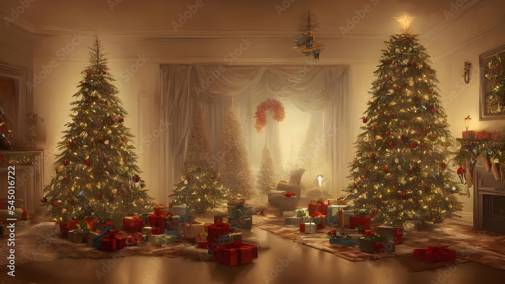 The Christmas tree is up in the living room and presents are stacked underneath it. The lights on the tree are shining brightly, casting a warm glow around the room.