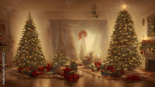 The Christmas tree is up in the living room and presents are stacked underneath it. The lights on the tree are shining brightly  casting a warm glow around the room.