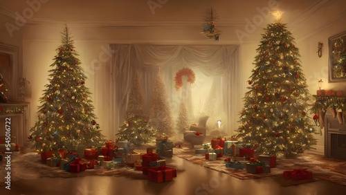 The Christmas tree is up in the living room and presents are stacked underneath it. The lights on the tree are shining brightly, casting a warm glow around the room.