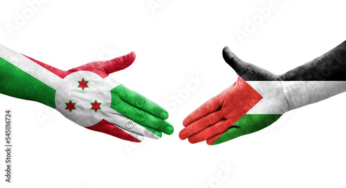 Handshake between Palestine and Burundi flags painted on hands, isolated transparent image.