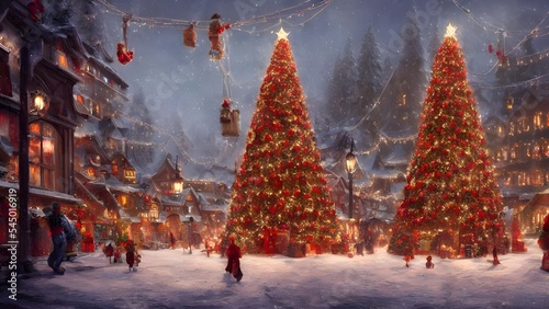 The picture is of a small village nestled among evergreen trees. The houses are decorated with twinkling lights and there is a light dusting of snow on the ground. Icicles drip from the eaves of the r