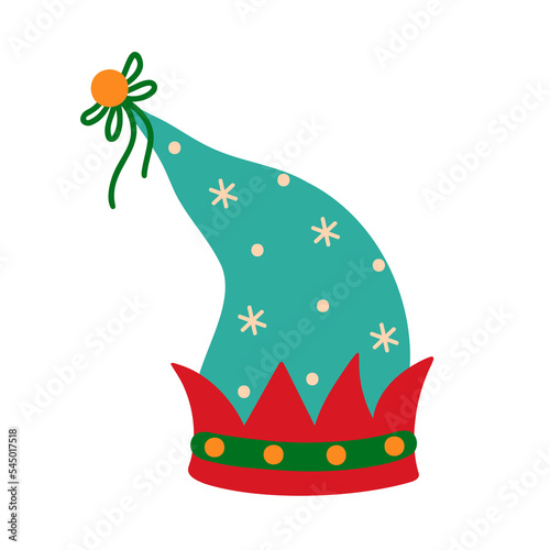 Christmas elf hat vector icon. A traditional green cap with red decor, golden bells, a bright bow and snowflakes. Santa Claus helper headdress. Flat cartoon clipart isolated on white. For prints, web