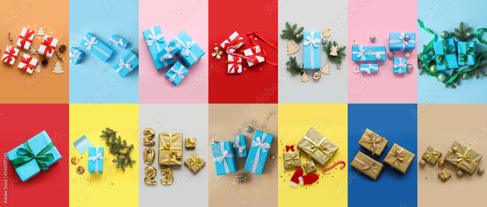 Collage with many Christmas gifts and decor on colorful background, top view