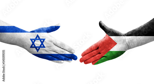 Handshake between Palestine and Israel flags painted on hands, isolated transparent image.