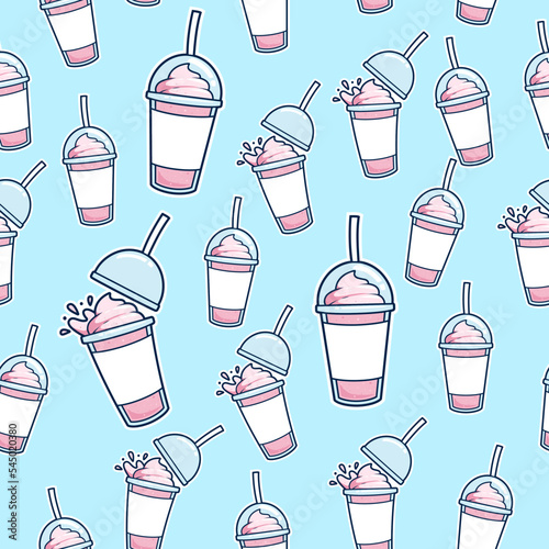 strawberry milkshake in takeaway plastic cup seamless pattern background