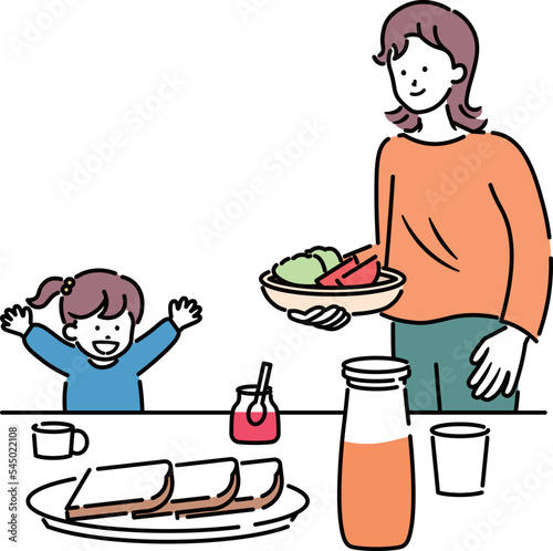 母親と子供が朝食の準備をしているイラスト素材