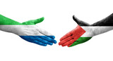 Handshake between Palestine and Sierra Leone flags painted on hands, isolated transparent image.