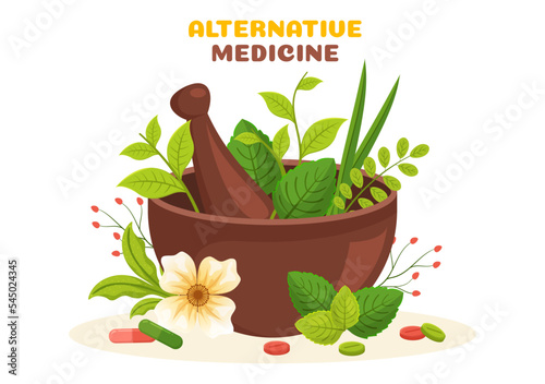 Alternative Medicine or Herbal Cure of Energy Therapies with Ginseng Root, Essential Oil and Seeds in Flat Cartoon Hand Drawn Templates Illustration