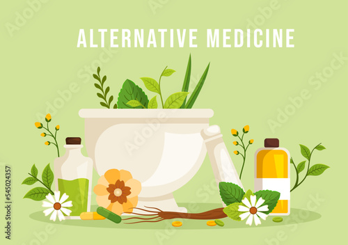 Alternative Medicine or Herbal Cure of Energy Therapies with Ginseng Root, Essential Oil and Seeds in Flat Cartoon Hand Drawn Templates Illustration