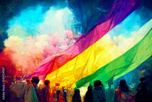 Artistic presentation of a huge LGBT flag in a city with people looking at it, copy space, abstract illustration as backdrop for titles and texts