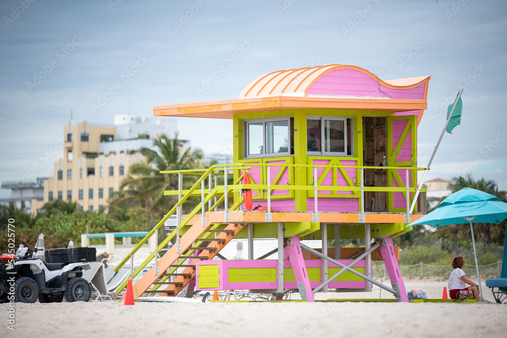 Colorful retro South Beach Life Guard stations in Miami, Florida