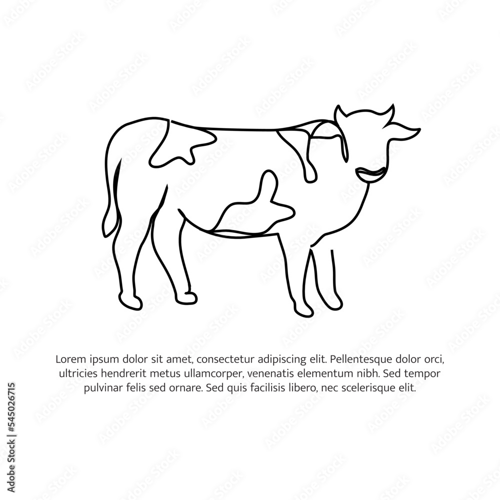 Cow line design. Simple animal silhouette decorative elements drawn with one continuous line. Vector illustration of minimalist style on white background.