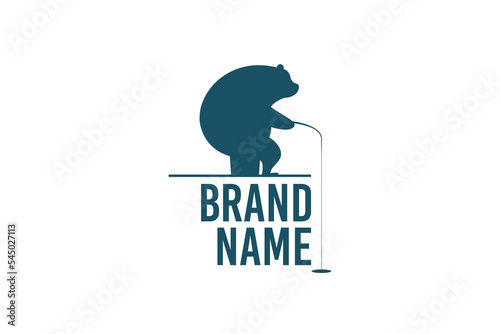 ice fishing logo with funny big bear having fun with ice fishing.