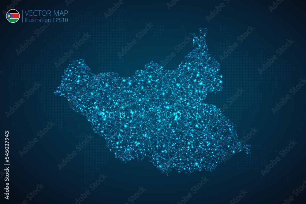 Map of South Sudan modern design with abstract digital technology mesh polygonal shapes on dark blue background. Vector Illustration Eps 10.