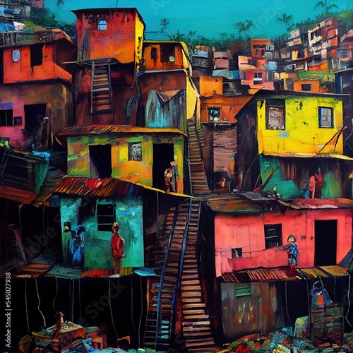 Colorful and vibrant overpopulated favela shantytown and the interesting architecture of stacked multi storey square houses and shops. Digital oil painting art.   
