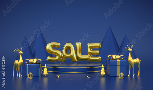 Christmas SALE banner. Scene and 3D platform on blue background. Golden Sale balloon word. Pedestal with gift boxes with gold bow and golden deers, metallic pine cone spruce trees. Vector illustration