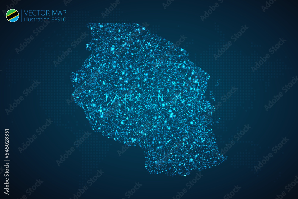 Obraz premium Map of Tanzania modern design with abstract digital technology mesh polygonal shapes on dark blue background. Vector Illustration Eps 10.