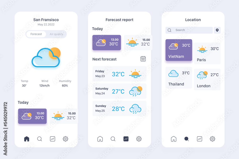 Weather forecast mobile app ui, ux toolkit Weather forecast mobile app ui, ux toolkit