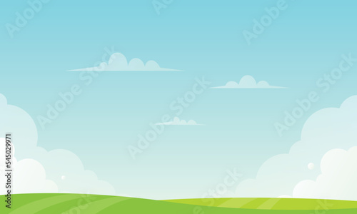 Cartoon landscape summer green fields view spring lawn hill and blue sky