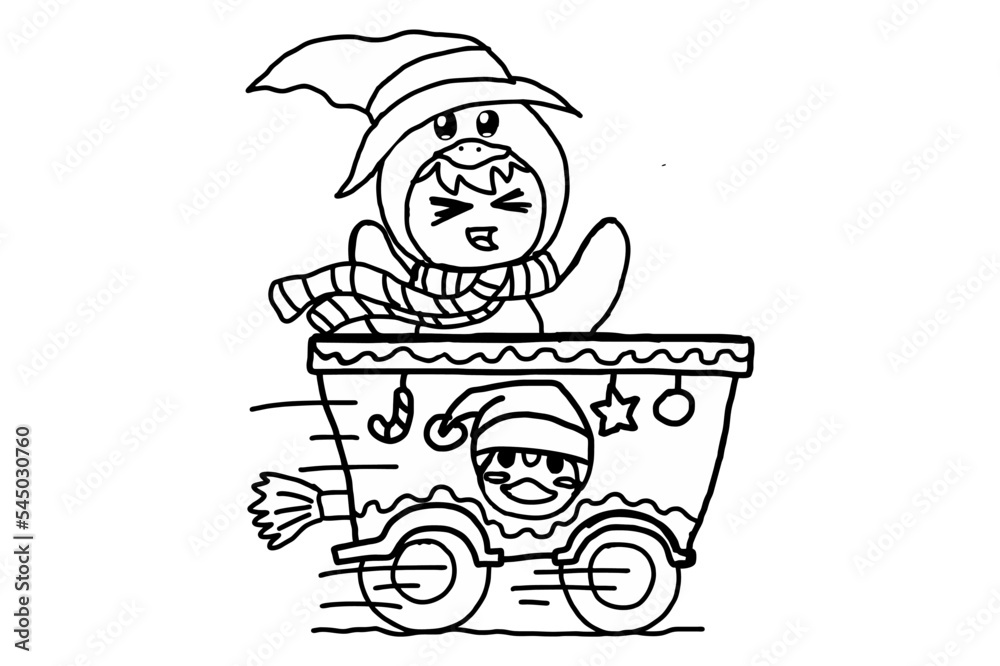Adorable Child in Penguin Witch Costume Riding on Christmas Train Adorable Child in Penguin Witch Costume Riding on Christmas Train
