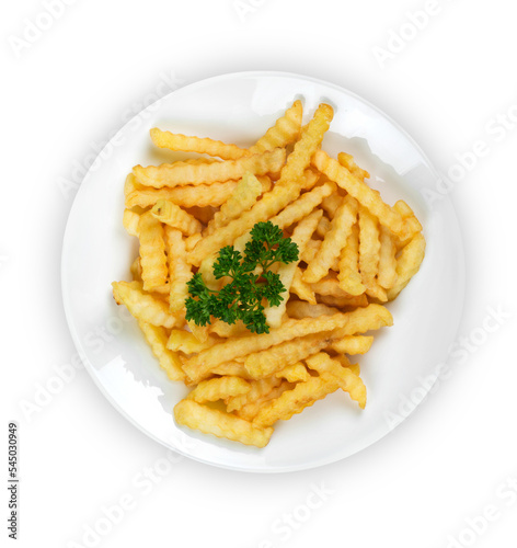 Dish with french fries over white background