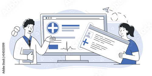 Online doctor concept. Man and woman near computer monitor. Man and woman in medical coats make diagnosis and choose treatment method, prescribe medication to patient. Cartoon flat vector illustration