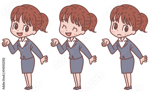 紹介するスーツの女性_表情バリエーションセット