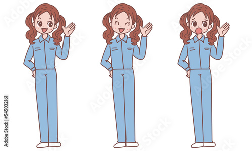 紹介する作業着の女性_表情バリエーションセット
