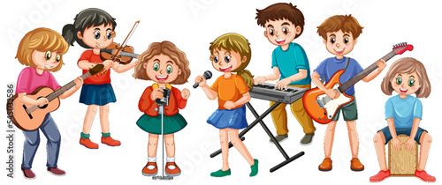 Happy kids playing musical instruments