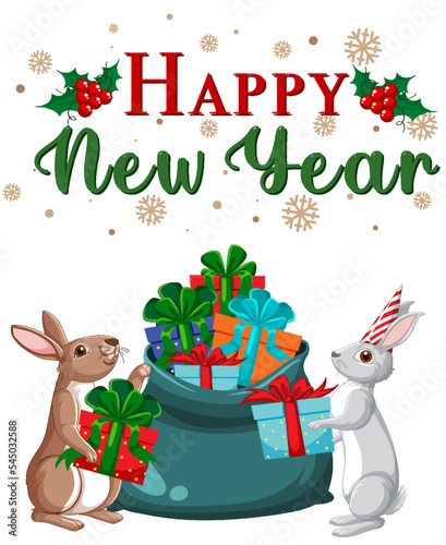 Happy New Year text with cute rabbit for banner design