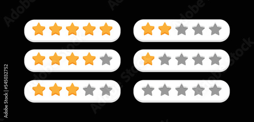 Five star rating different ranks from one to five stars golden embossed and gray transparent stars