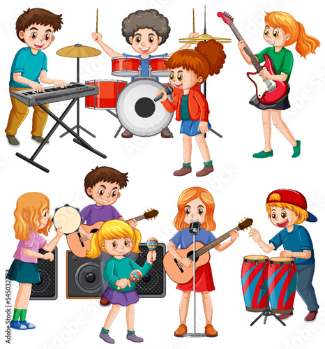 Set of kids playing different musical instrument