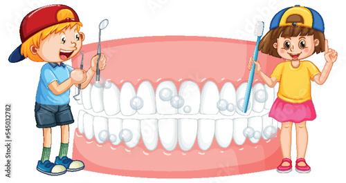 Children holding dental mirror and toothbrush with whiten teeth on white back...
