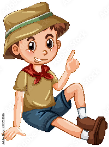 Cute camping boy sitting on white background