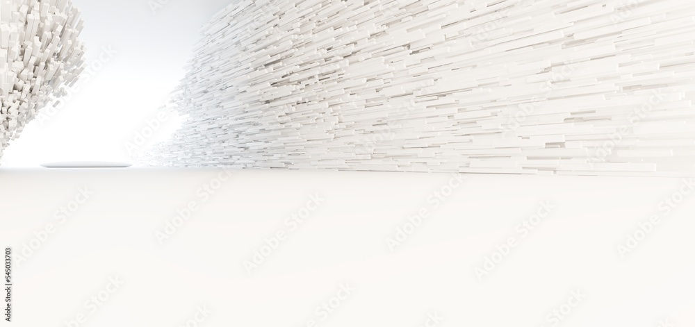 Luxury white abstract architectural minimalistic background. Contemporary showroom. Modern exhibition stand. Empty gallery. Backlight. Polygonal Graphic Design. 3D illustration and rendering.