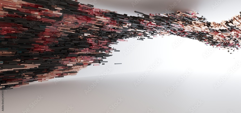 Luxury parametric abstract architectural minimalistic background. Contemporary showroom. Modern black exhibition tunnel. Empty gallery. Stand, table. Interior backlight. 3D illustration and rendering.