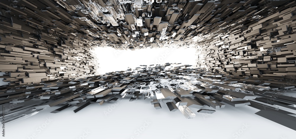 Luxury parametric abstract architectural minimalistic background. Contemporary showroom. Modern black exhibition tunnel. Empty gallery. Stand, table. Interior backlight. 3D illustration and rendering.