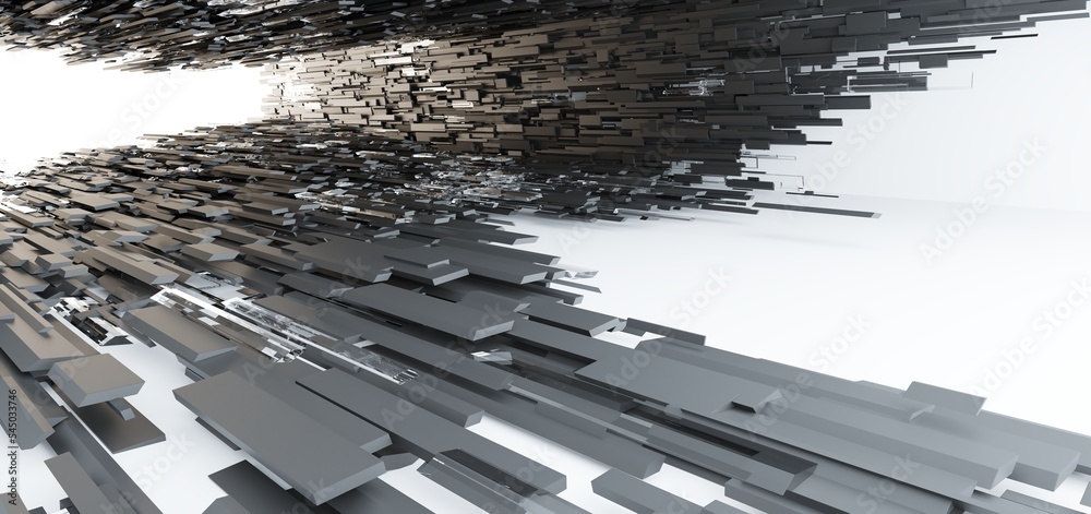 Luxury parametric abstract architectural minimalistic background. Contemporary showroom. Modern black exhibition tunnel. Empty gallery. Stand, table. Interior backlight. 3D illustration and rendering.