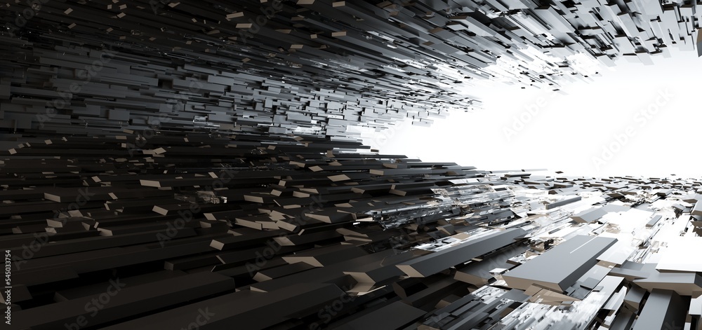 Luxury parametric abstract architectural minimalistic background. Contemporary showroom. Modern black exhibition tunnel. Empty gallery. Stand, table. Interior backlight. 3D illustration and rendering.